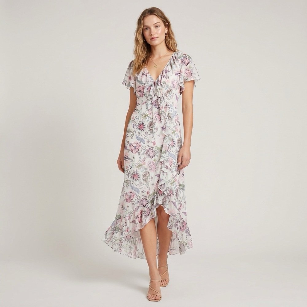 Cinq à Sept Sheila Floral Wrap Midi Dress Ruffle Trim Wedding Guest Romantic 6